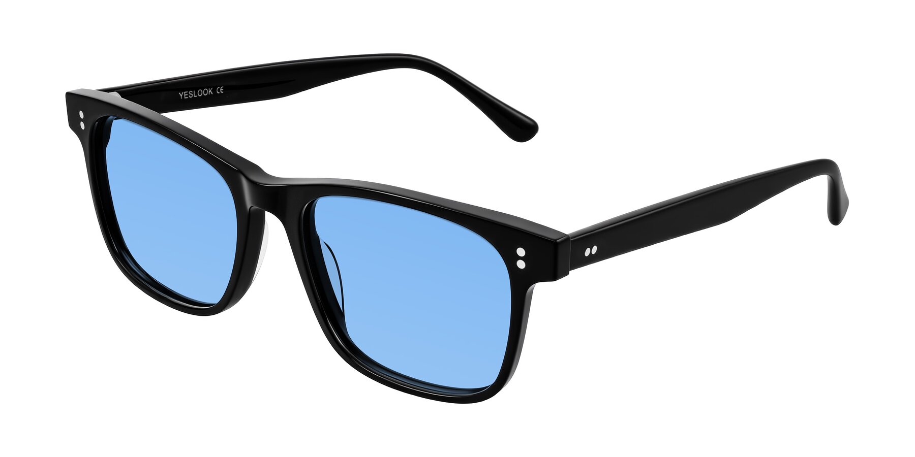 Angle of Rhanna in Black with Medium Blue Tinted Lenses