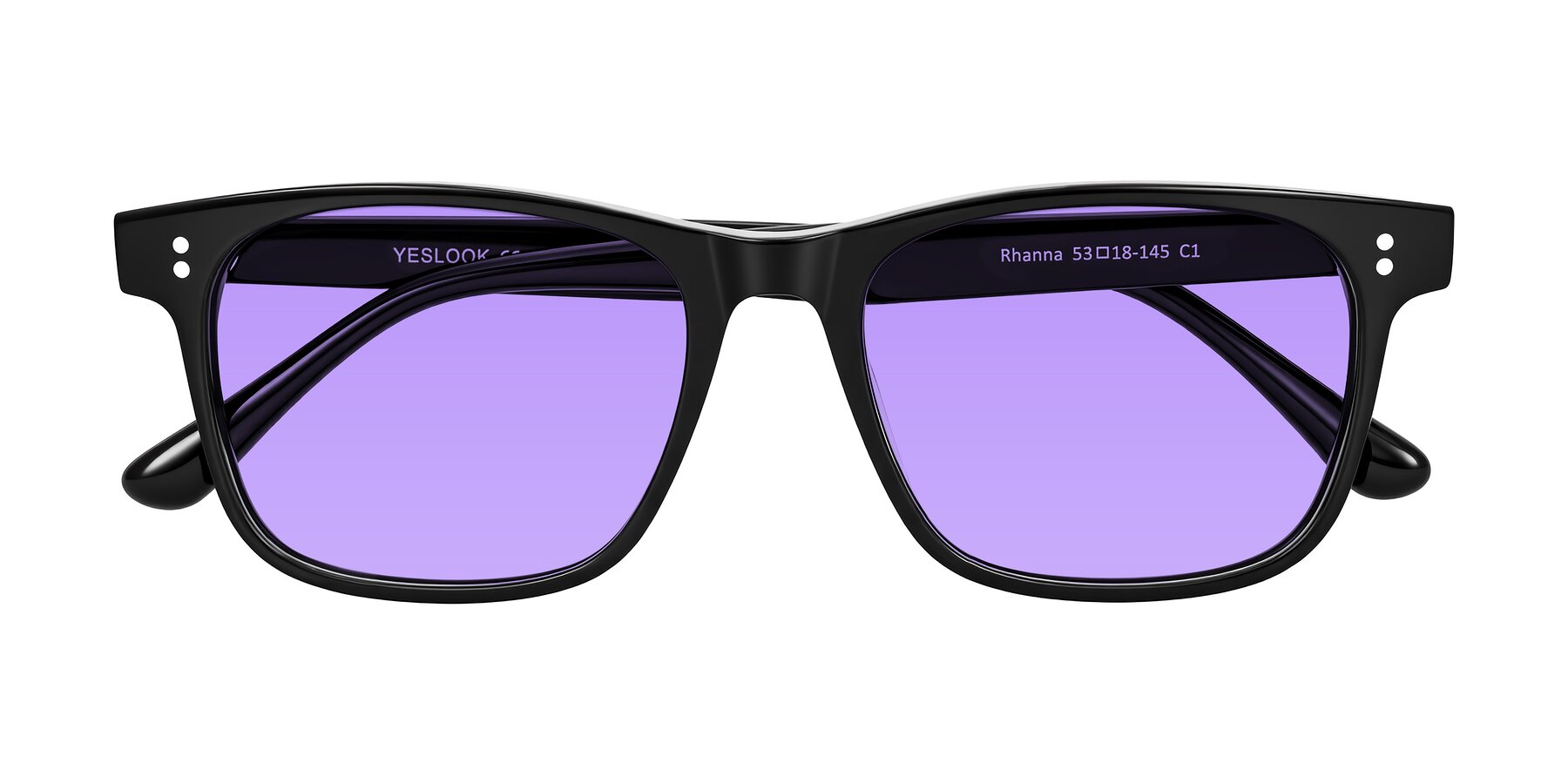Folded Front of Rhanna in Black with Medium Purple Tinted Lenses