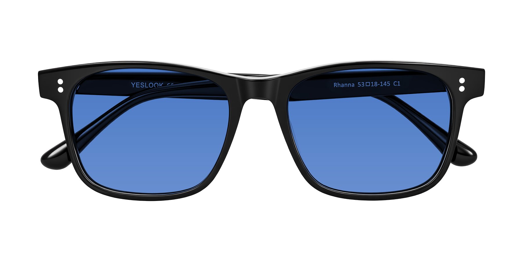 Folded Front of Rhanna in Black with Blue Tinted Lenses