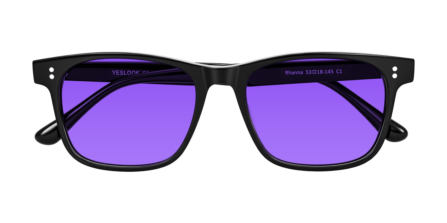 Folded Front of Rhanna in Black with Purple Tinted Lenses