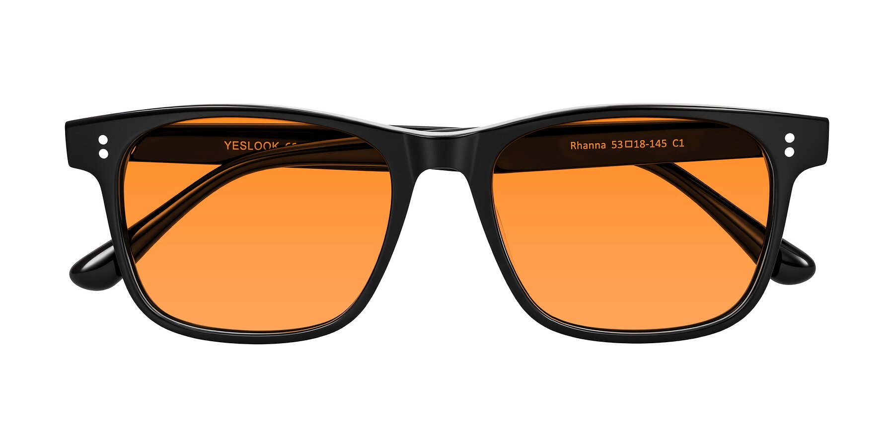 Folded Front of Rhanna in Black with Orange Tinted Lenses