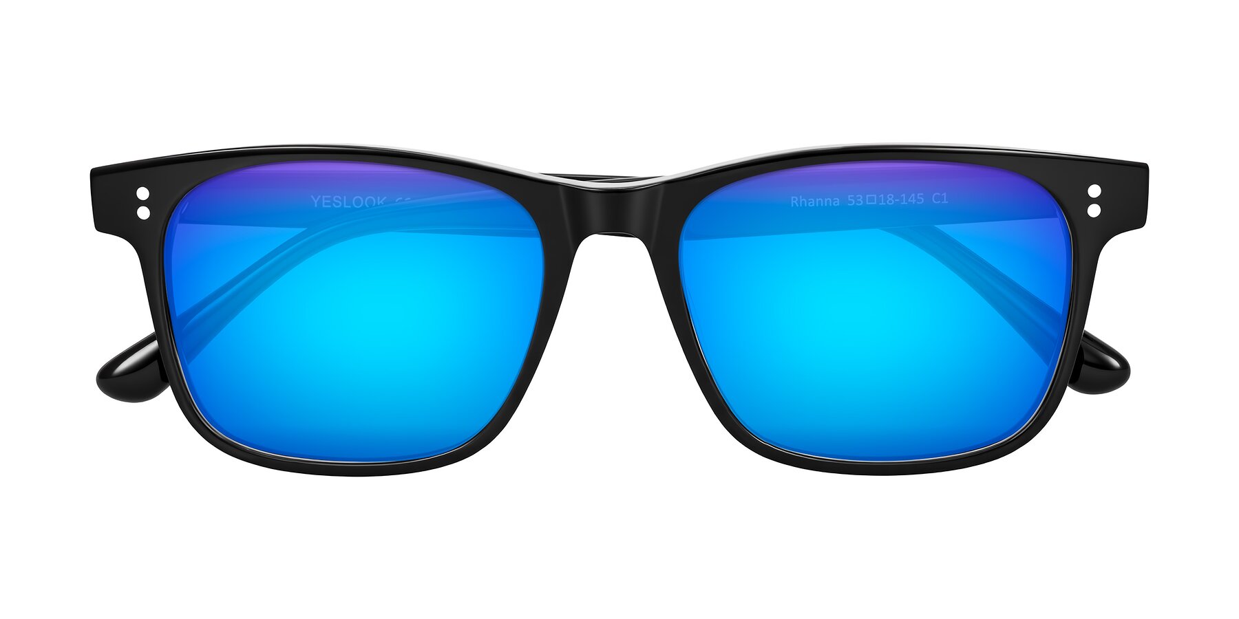 Folded Front of Rhanna in Black with Blue Mirrored Lenses