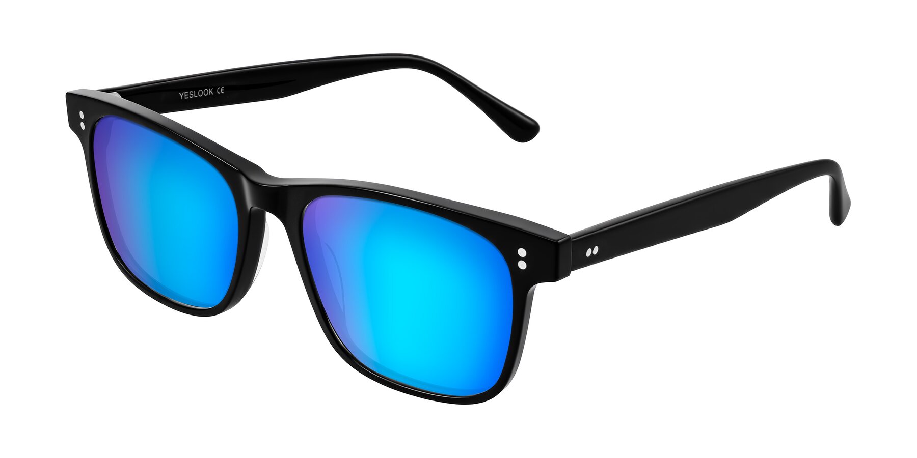 Angle of Rhanna in Black with Blue Mirrored Lenses