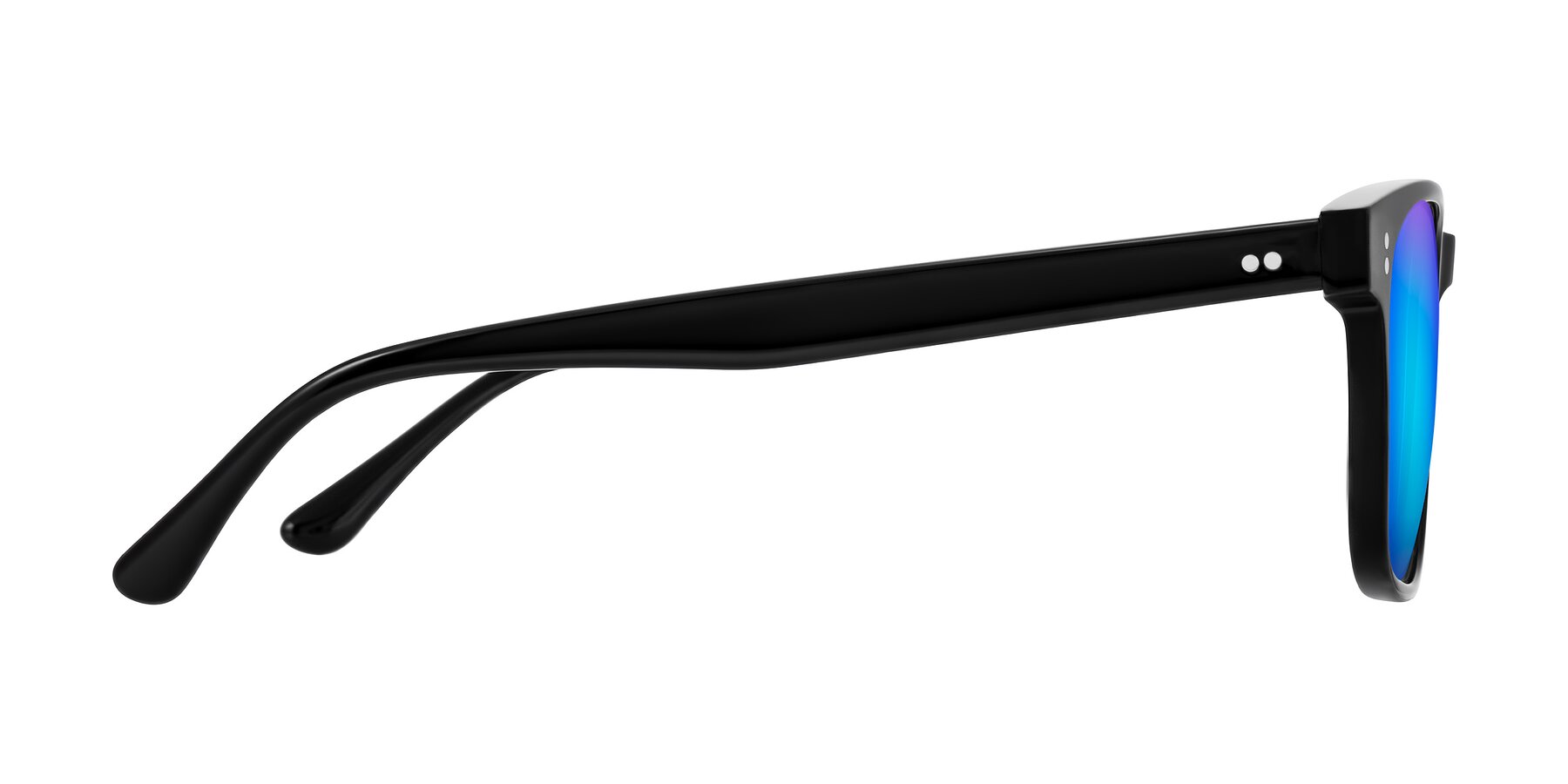 Side of Rhanna in Black with Blue Mirrored Lenses
