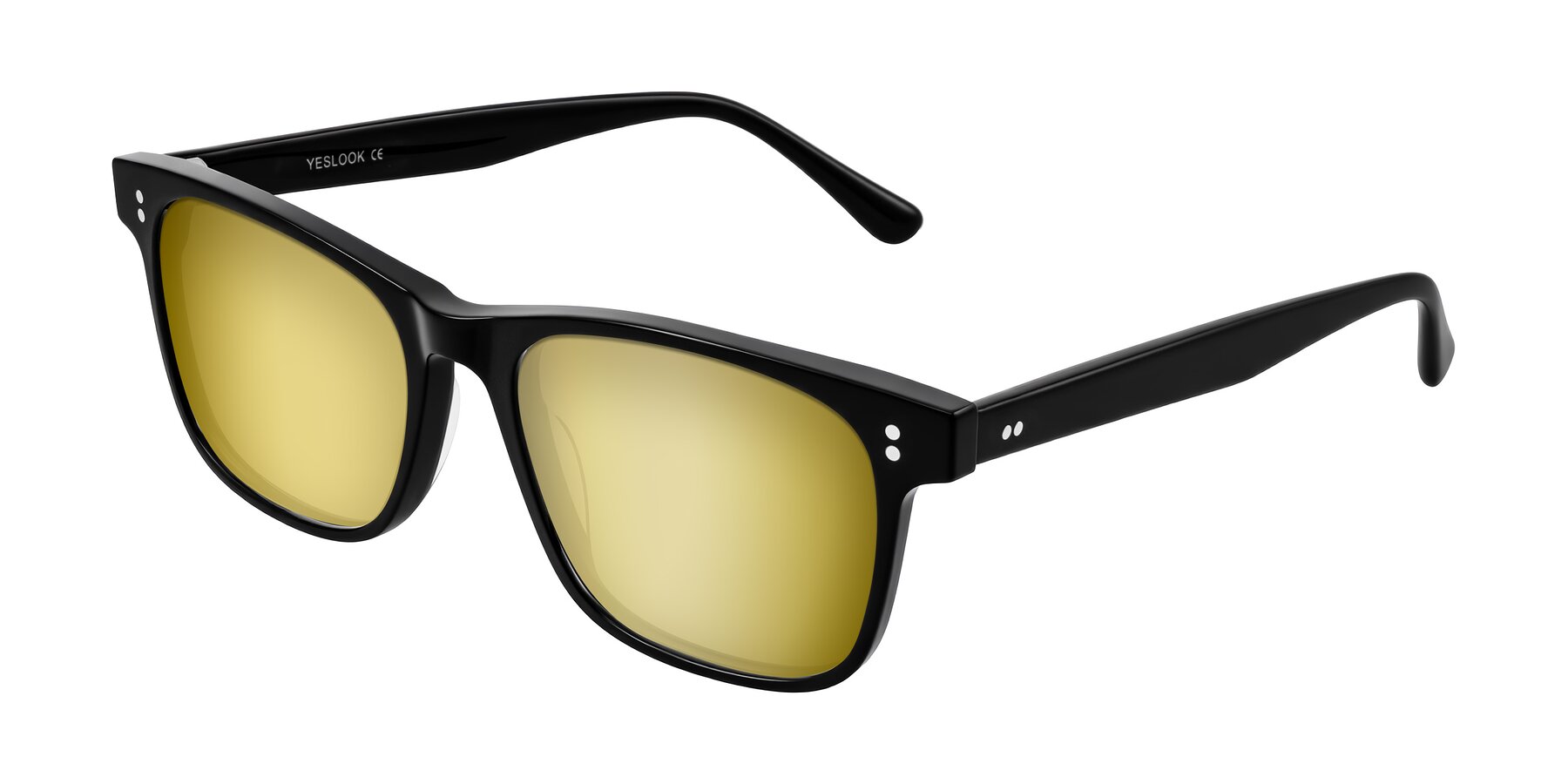 Angle of Rhanna in Black with Gold Mirrored Lenses