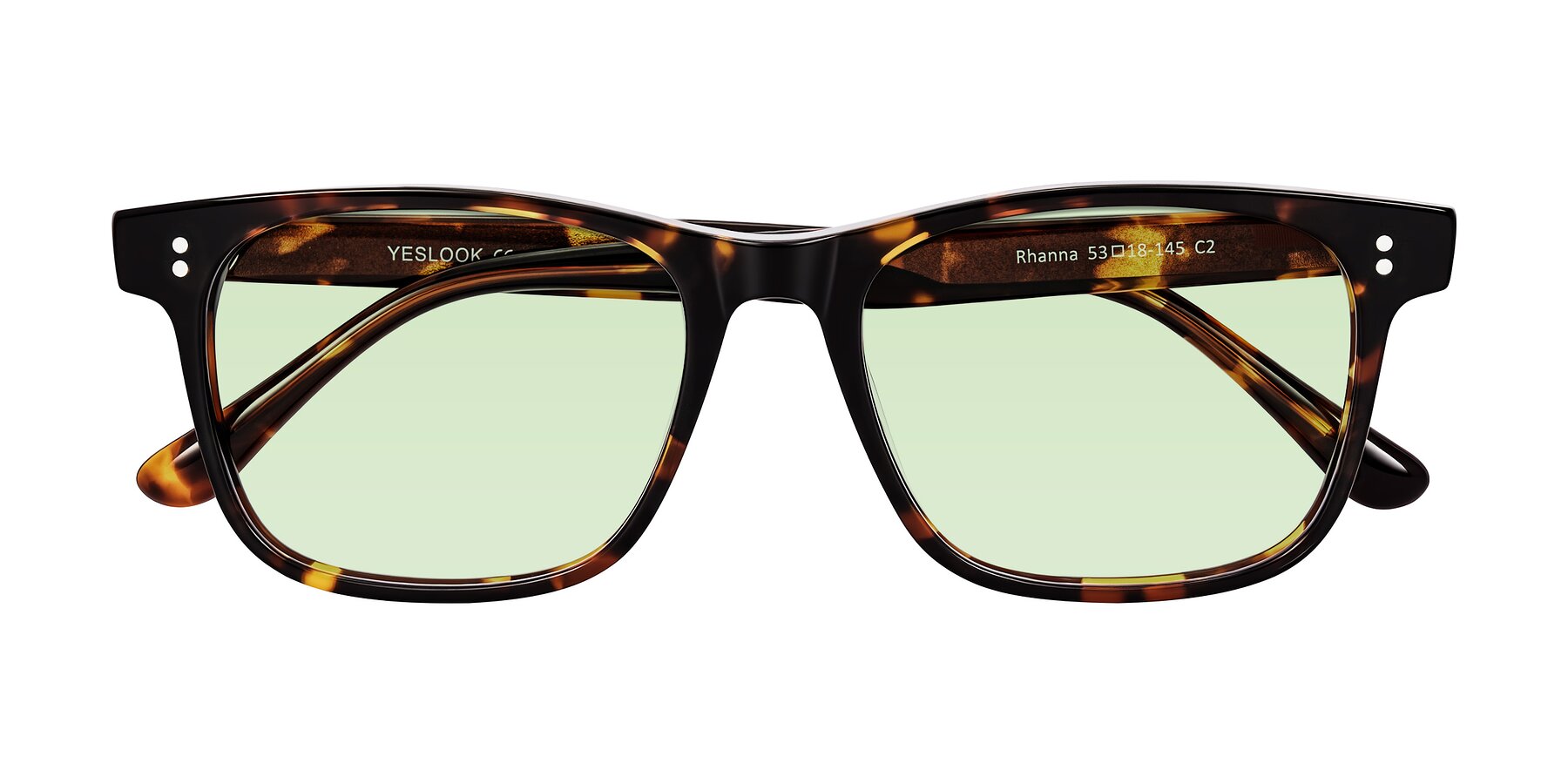 Folded Front of Rhanna in Tortoise with Light Green Tinted Lenses