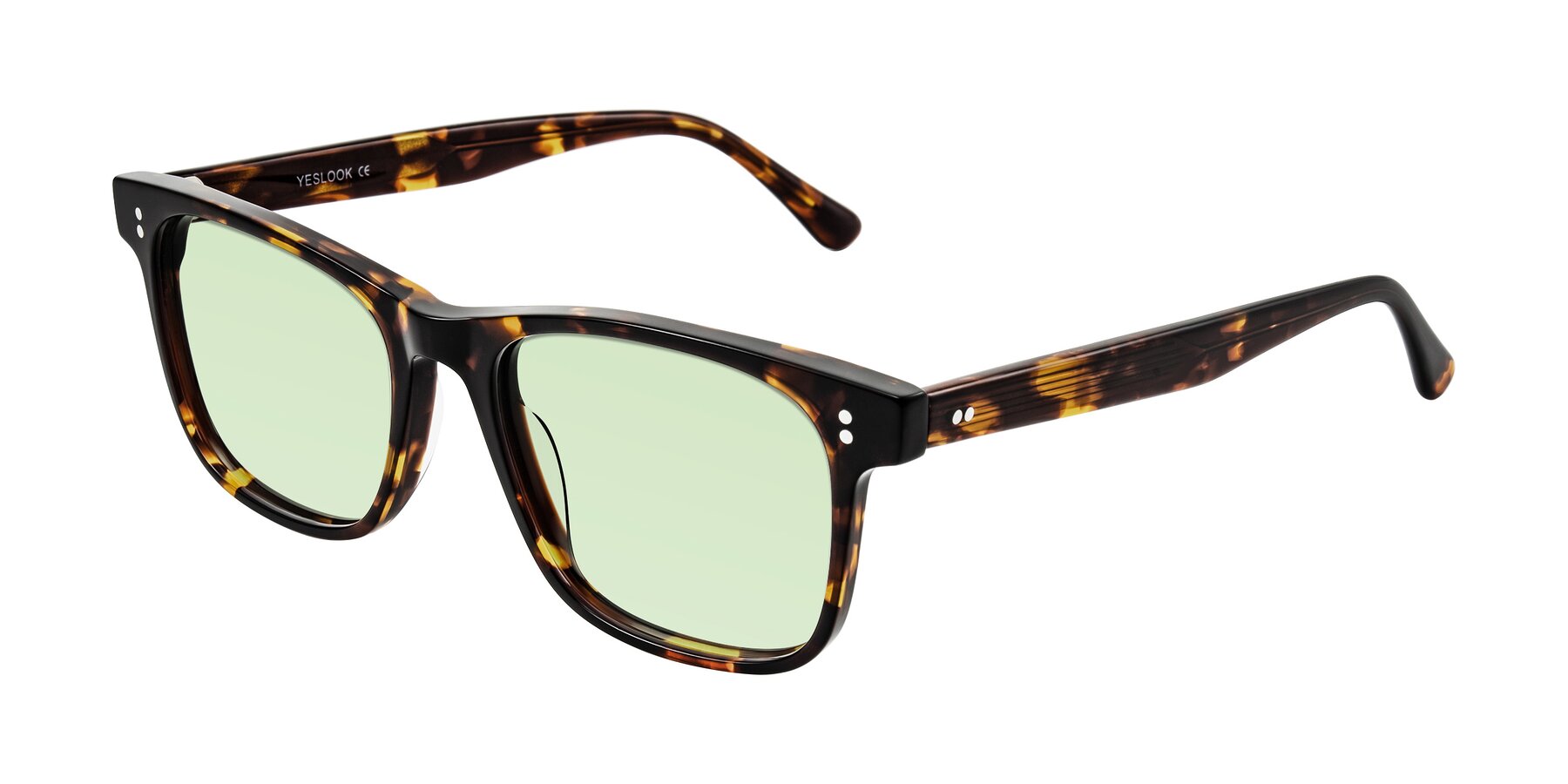 Angle of Rhanna in Tortoise with Light Green Tinted Lenses