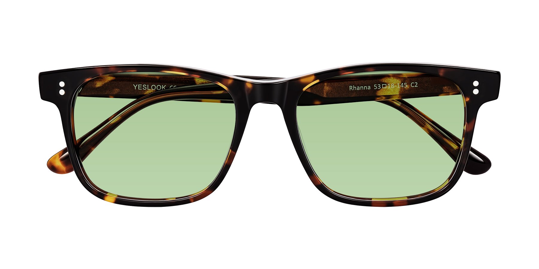 Folded Front of Rhanna in Tortoise with Medium Green Tinted Lenses