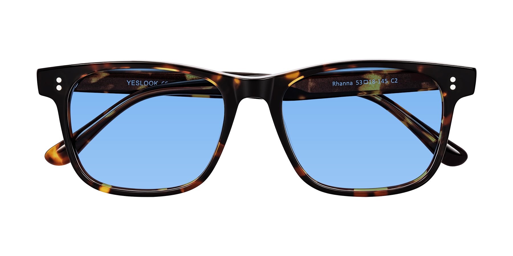 Folded Front of Rhanna in Tortoise with Medium Blue Tinted Lenses