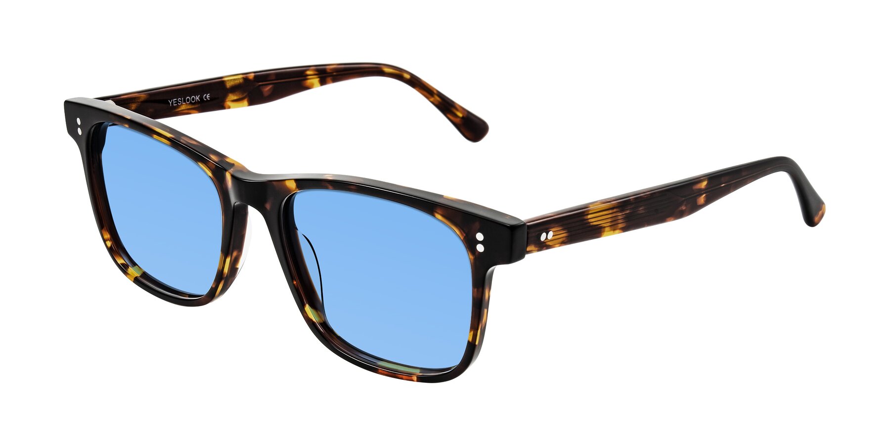 Angle of Rhanna in Tortoise with Medium Blue Tinted Lenses