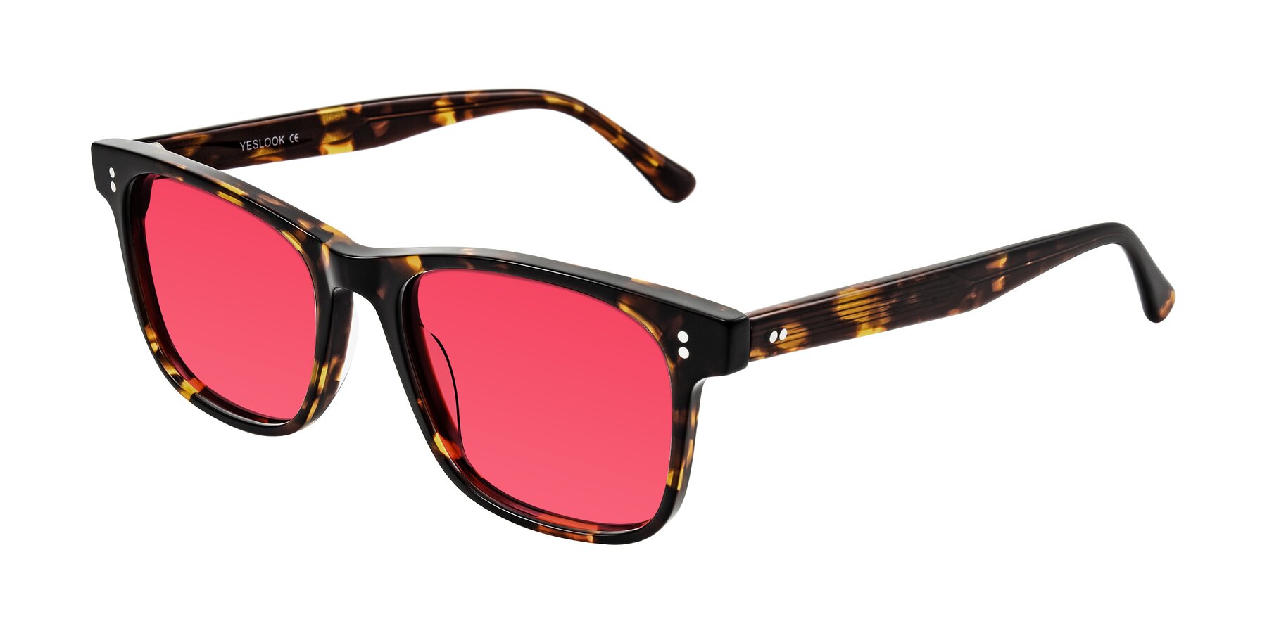 Angle of Rhanna in Tortoise with Red Tinted Lenses