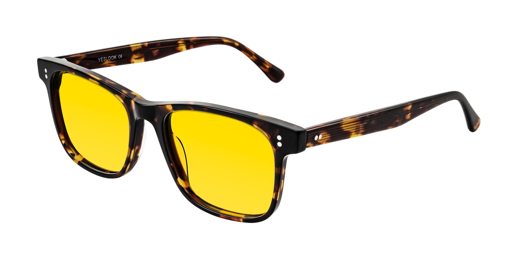 Angle of Rhanna in Tortoise with Yellow Tinted Lenses