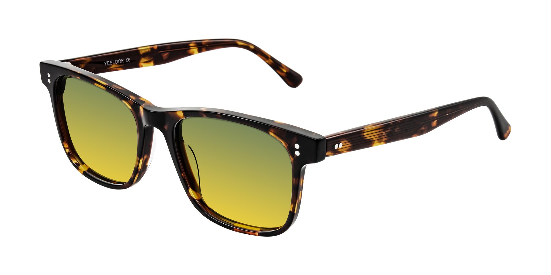 Angle of Rhanna in Tortoise with Green / Yellow Gradient Lenses