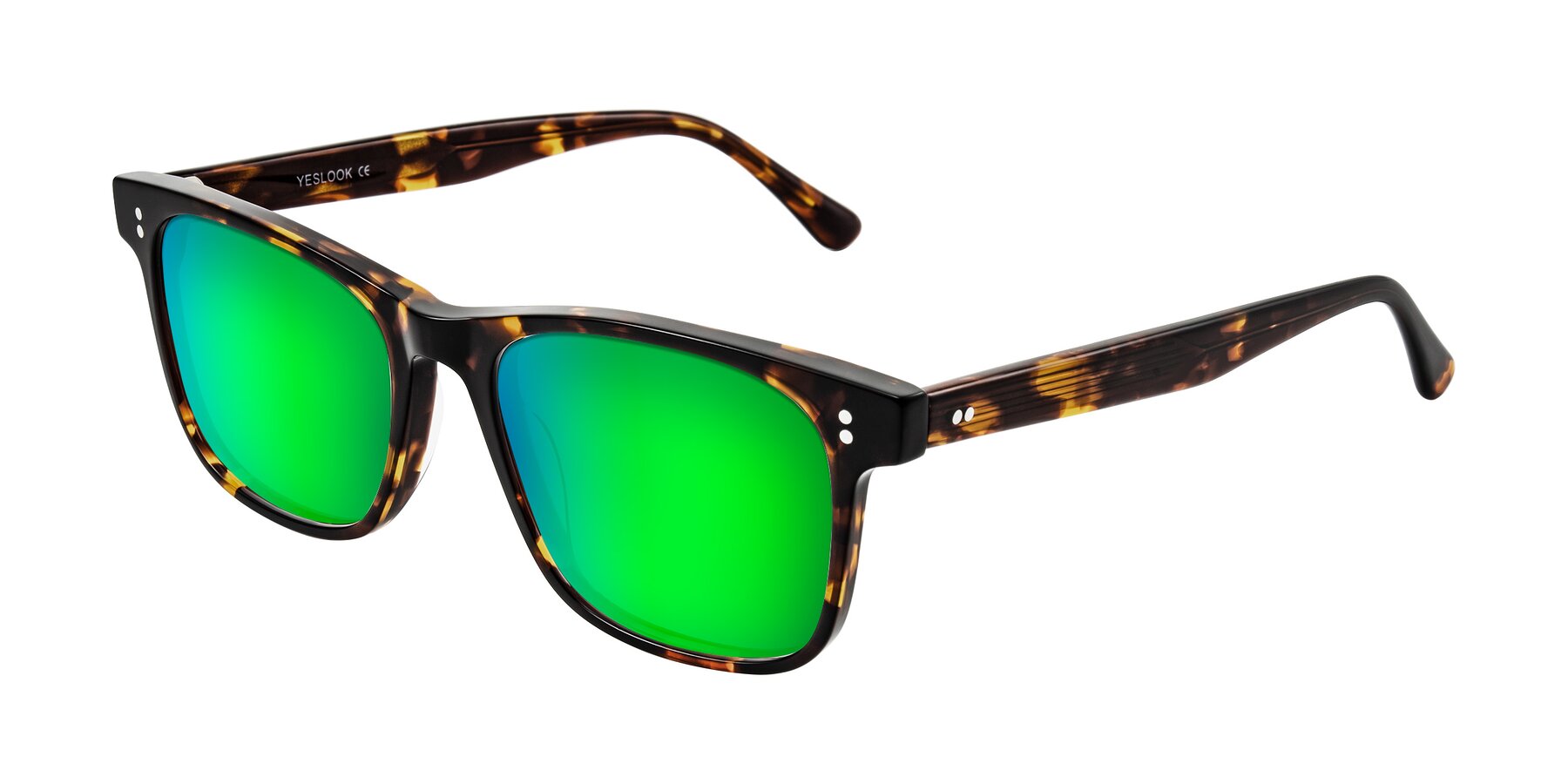 Angle of Rhanna in Tortoise with Green Mirrored Lenses