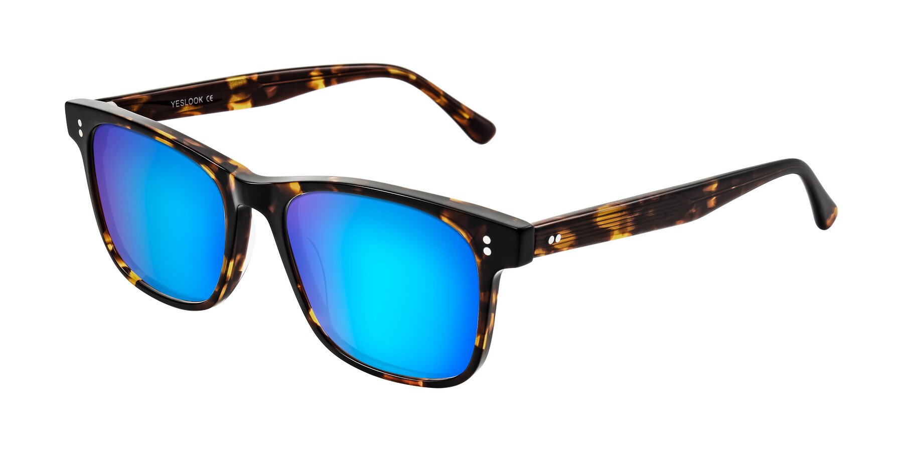 Angle of Rhanna in Tortoise with Blue Mirrored Lenses