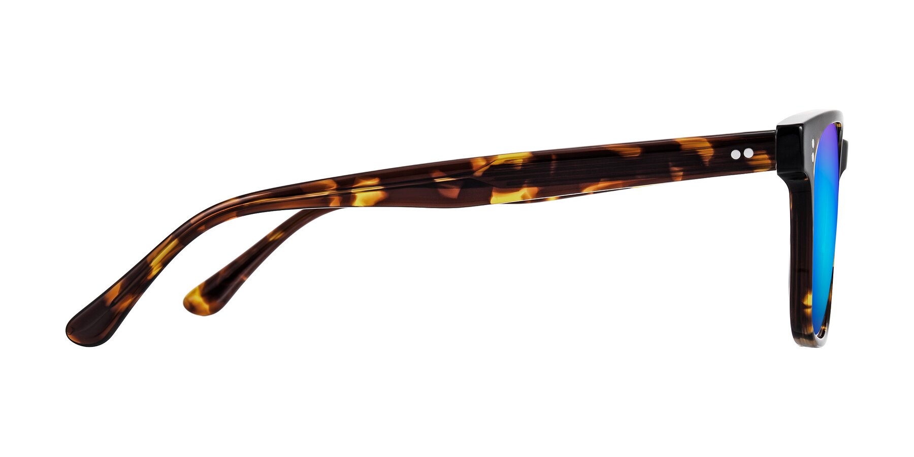 Side of Rhanna in Tortoise with Blue Mirrored Lenses