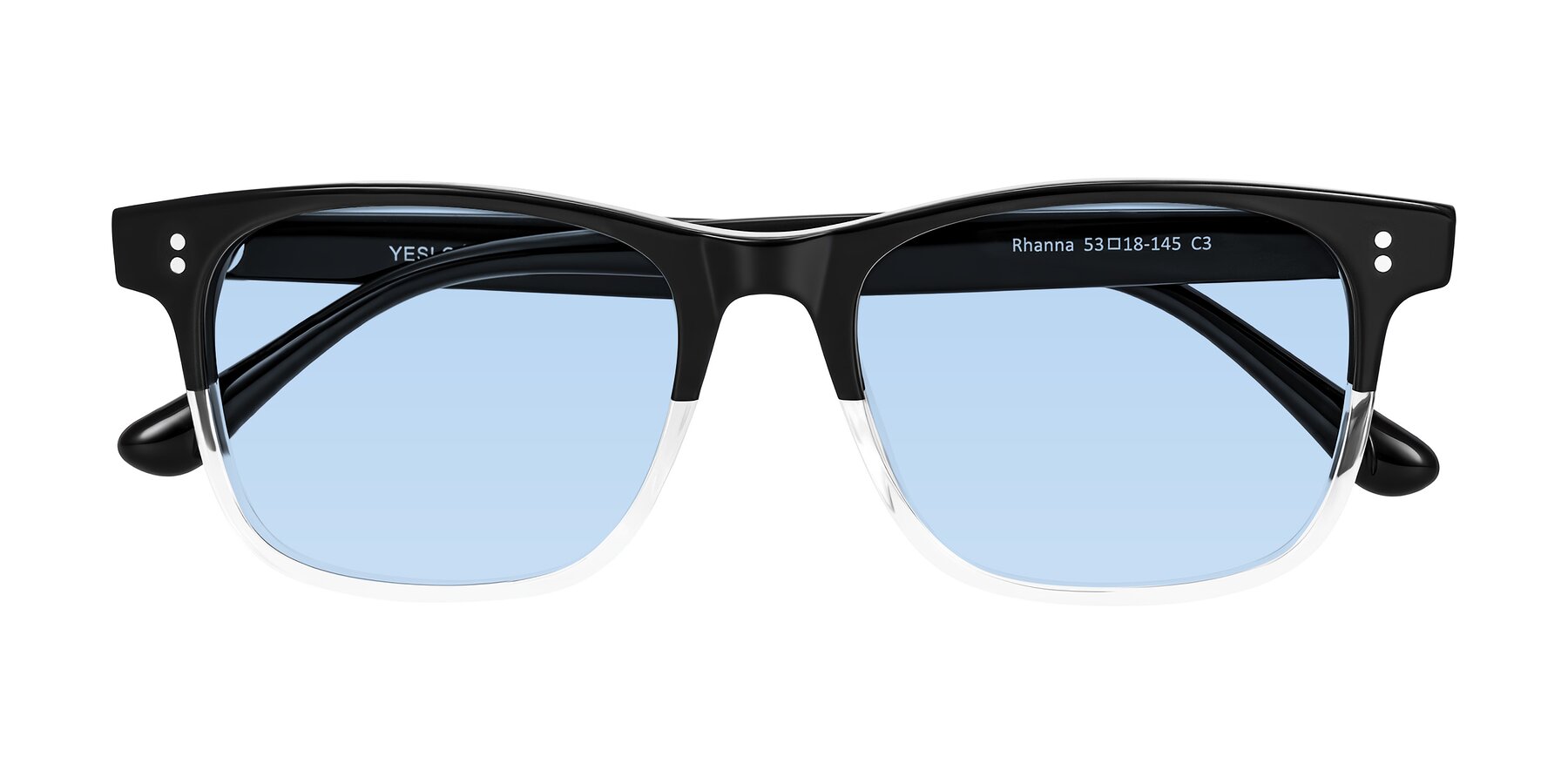 Folded Front of Rhanna in Black/Clear with Light Blue Tinted Lenses