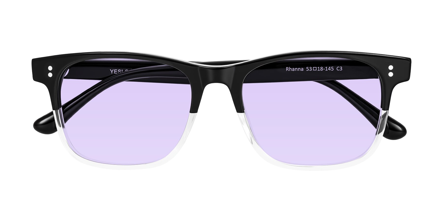 Folded Front of Rhanna in Black/Clear with Light Purple Tinted Lenses