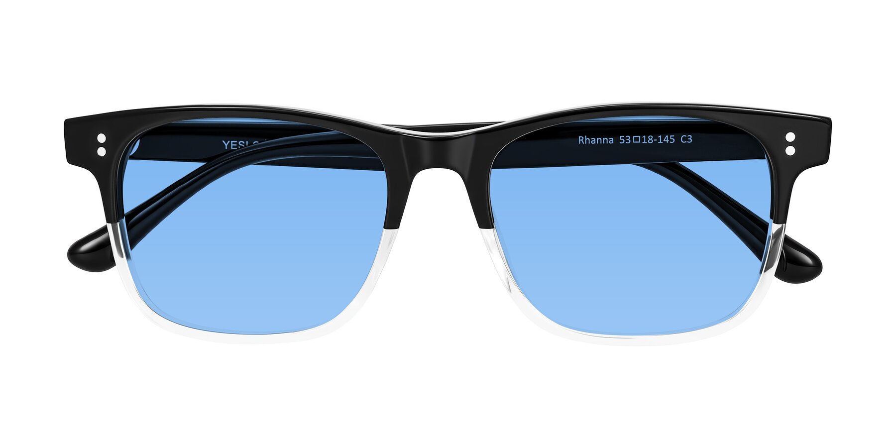 Folded Front of Rhanna in Black/Clear with Medium Blue Tinted Lenses
