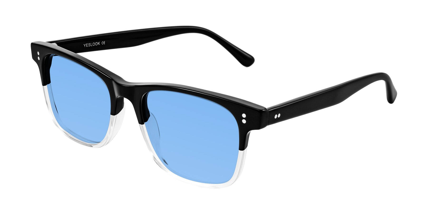 Angle of Rhanna in Black/Clear with Medium Blue Tinted Lenses