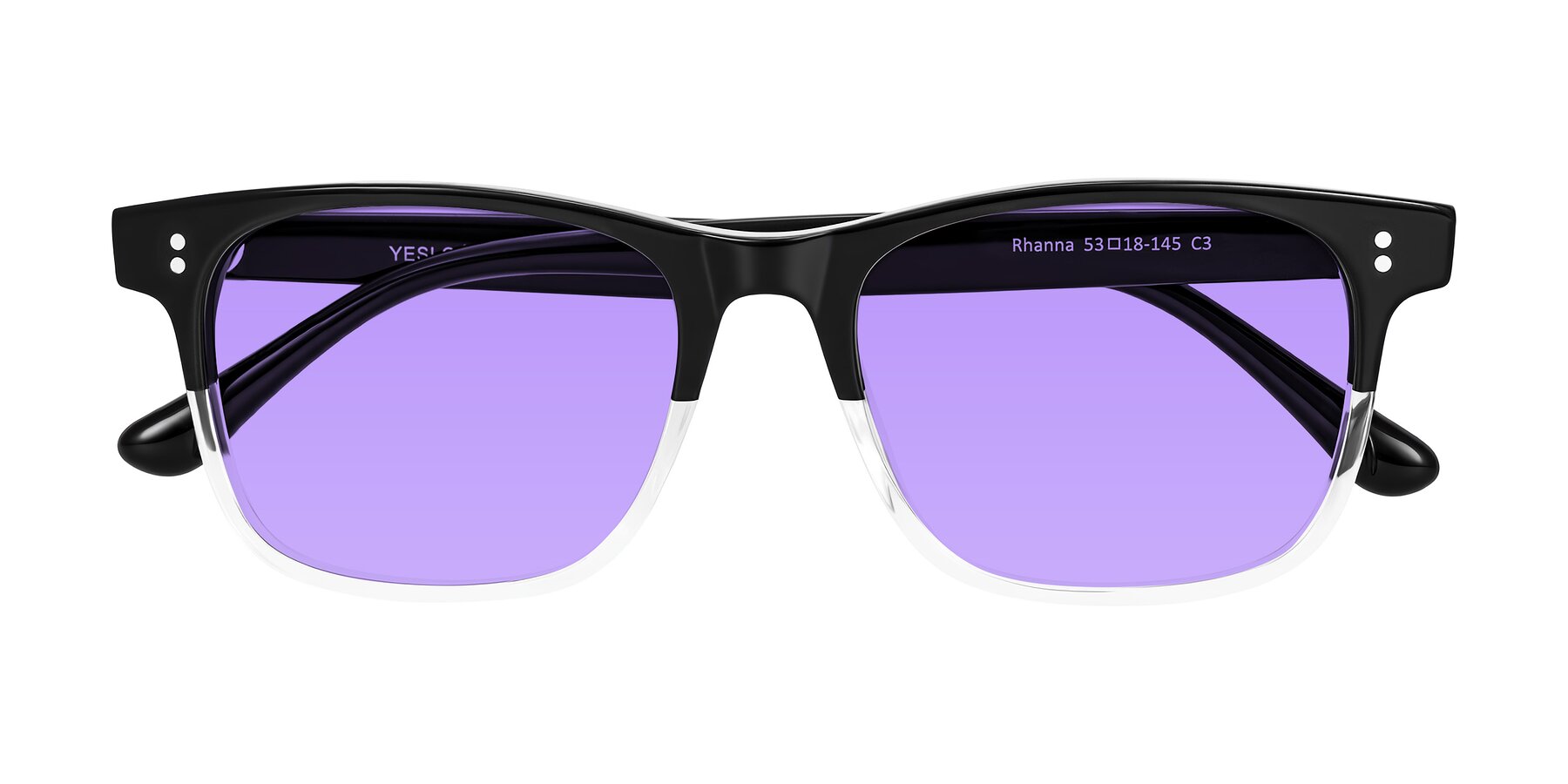 Folded Front of Rhanna in Black/Clear with Medium Purple Tinted Lenses