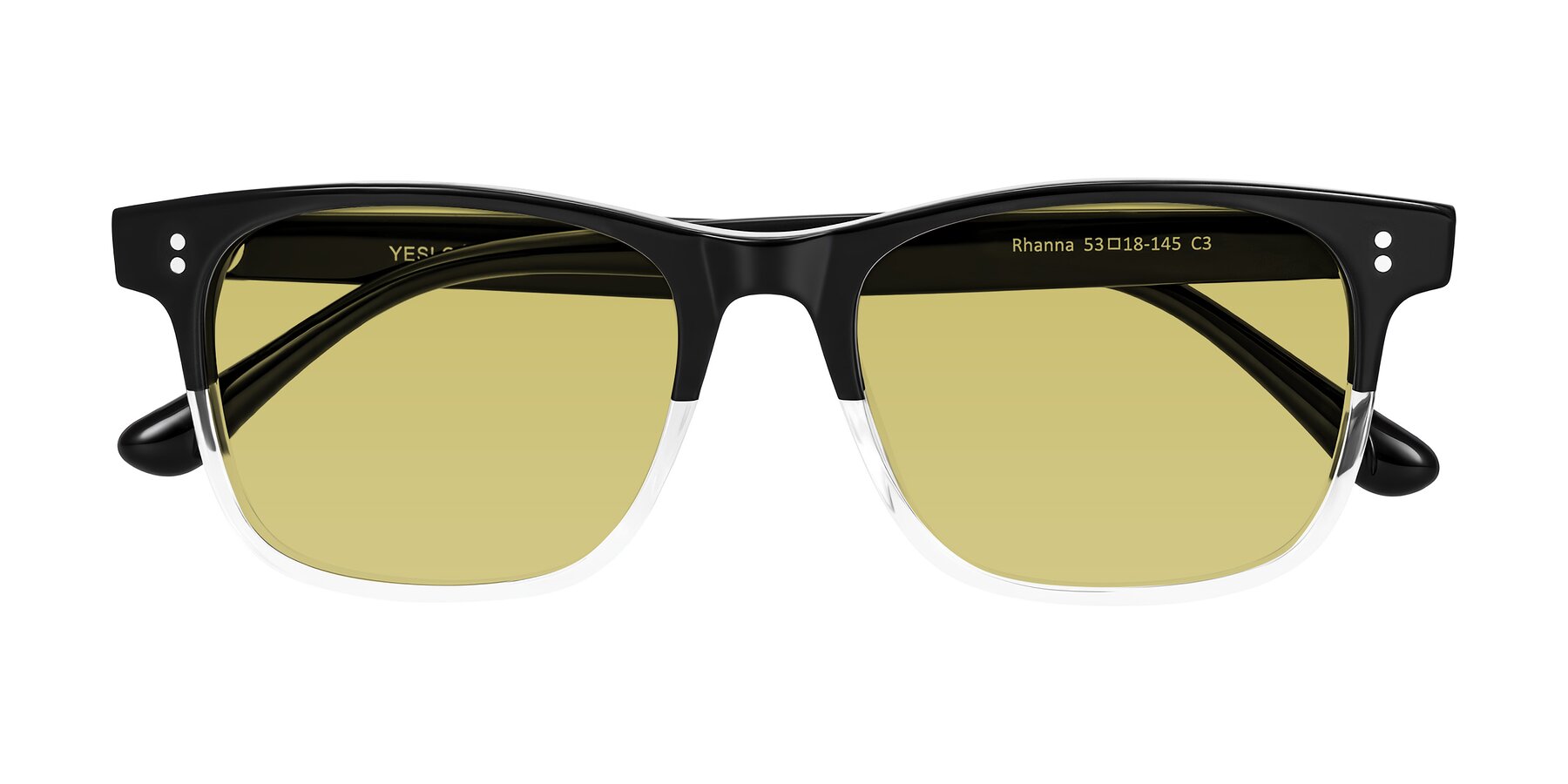 Folded Front of Rhanna in Black/Clear with Medium Champagne Tinted Lenses