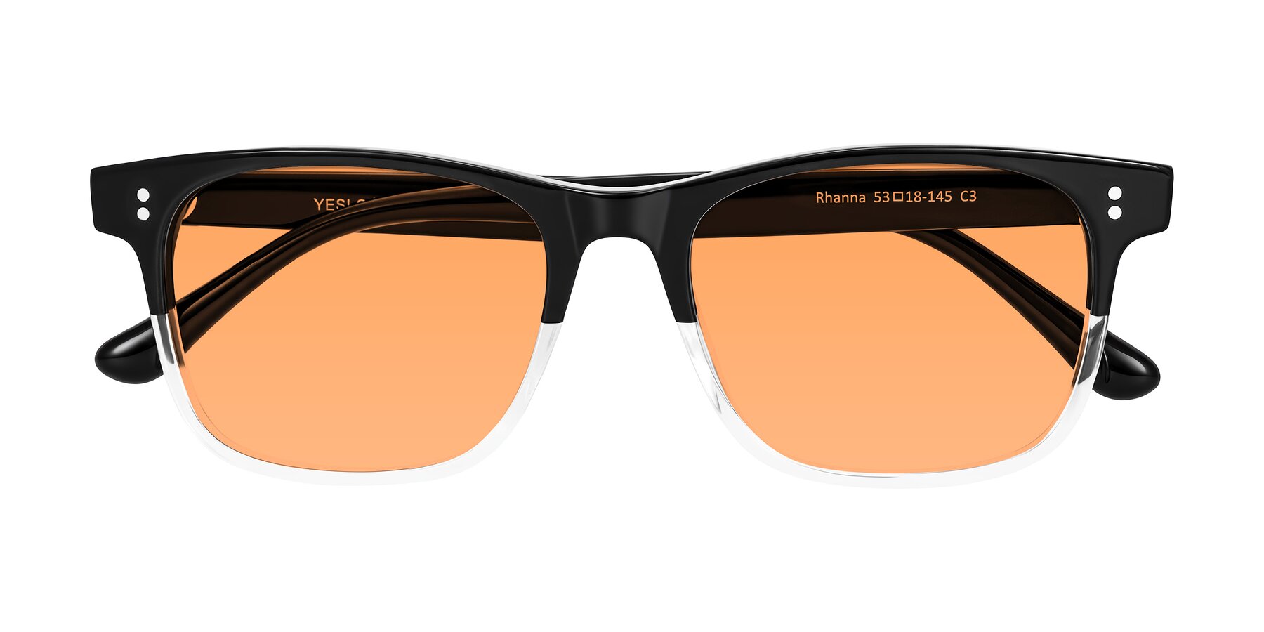 Folded Front of Rhanna in Black/Clear with Medium Orange Tinted Lenses