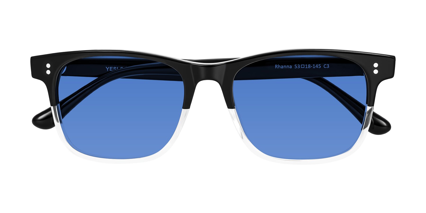 Folded Front of Rhanna in Black/Clear with Blue Tinted Lenses