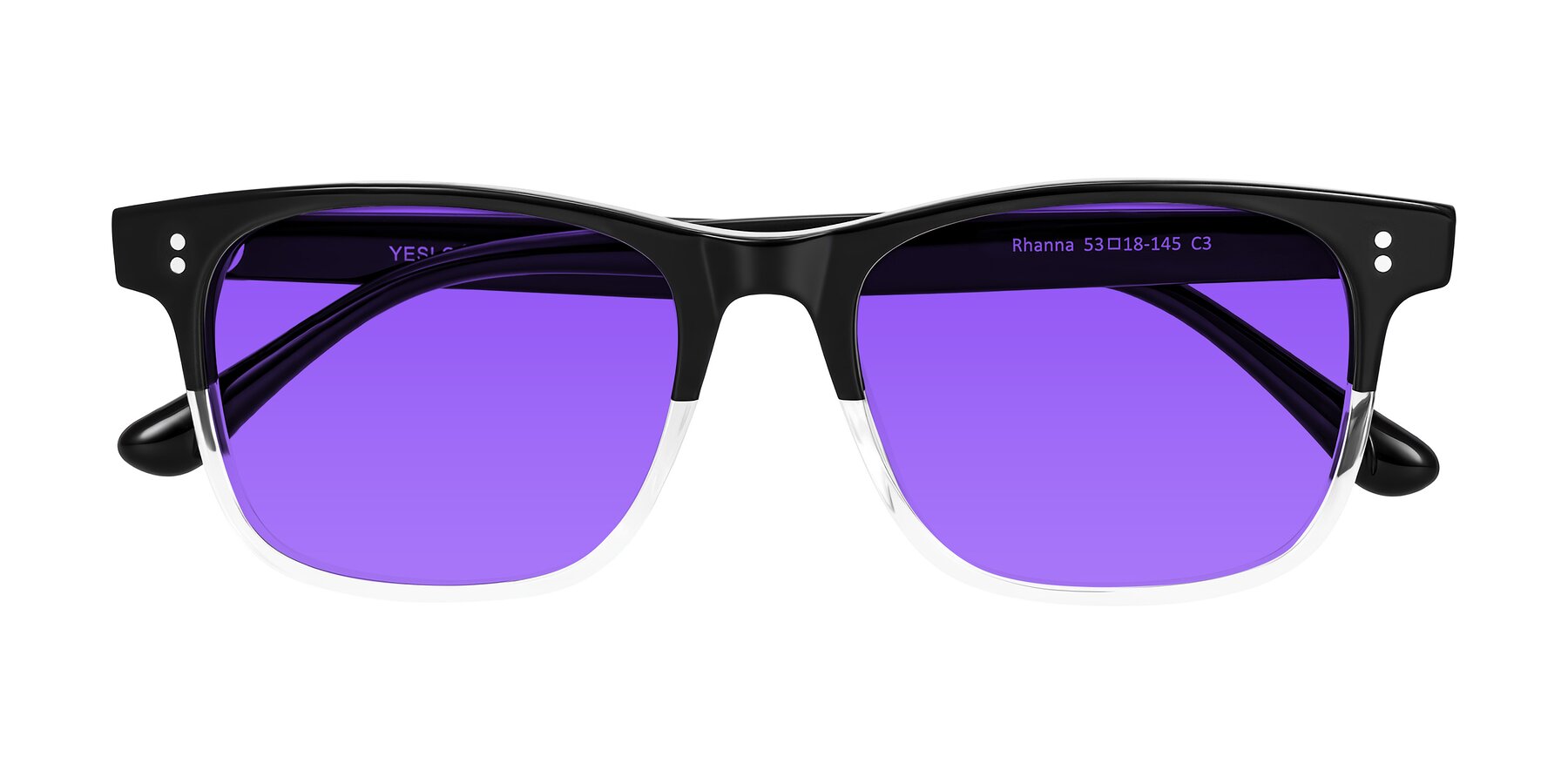 Folded Front of Rhanna in Black/Clear with Purple Tinted Lenses