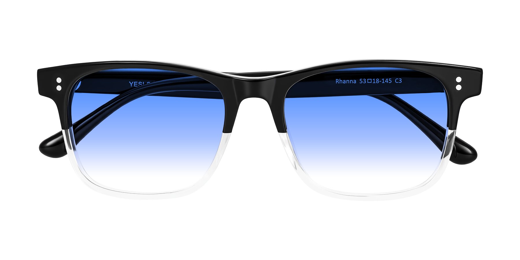 Folded Front of Rhanna in Black/Clear with Blue Gradient Lenses