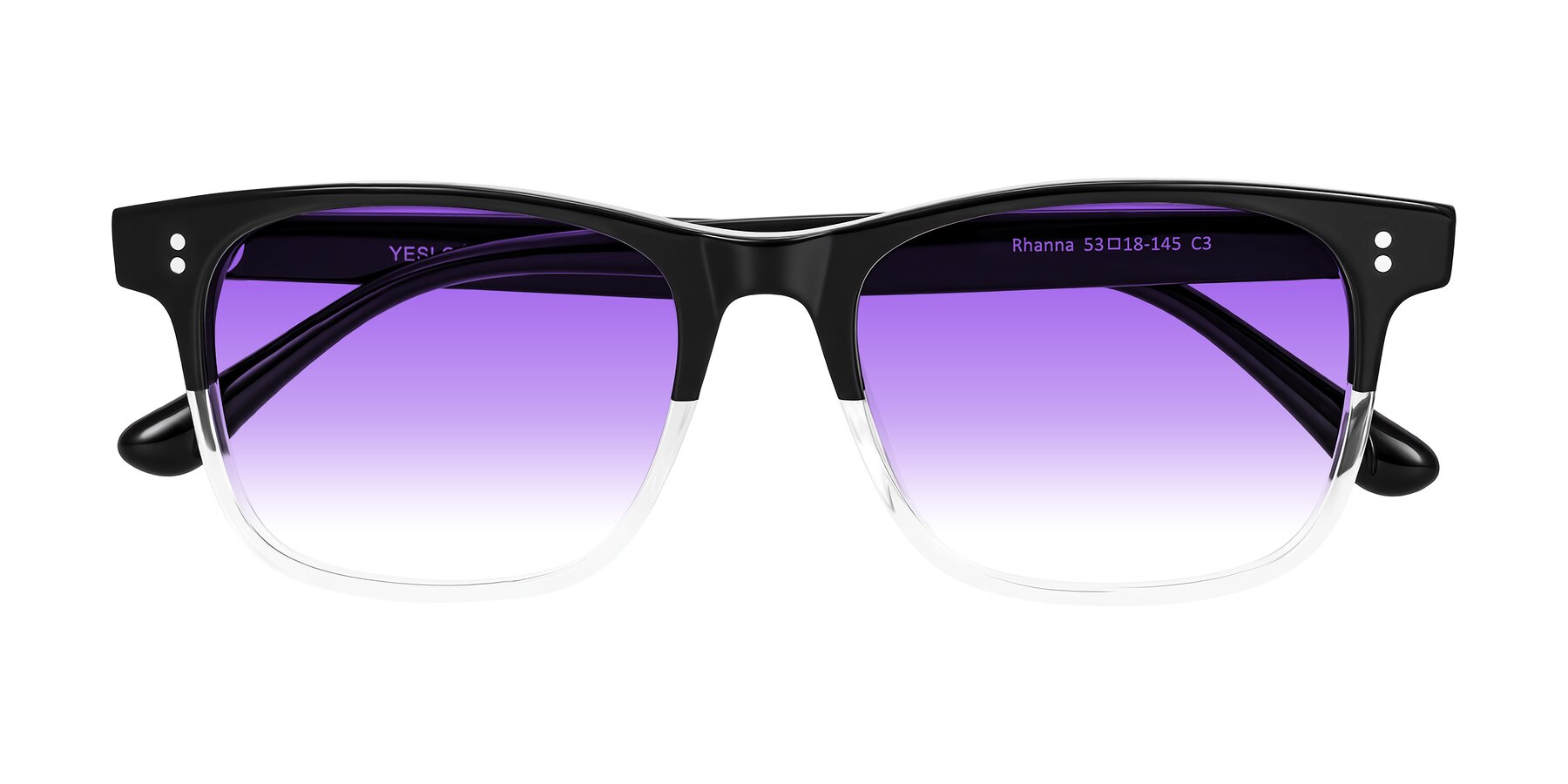 Folded Front of Rhanna in Black/Clear with Purple Gradient Lenses