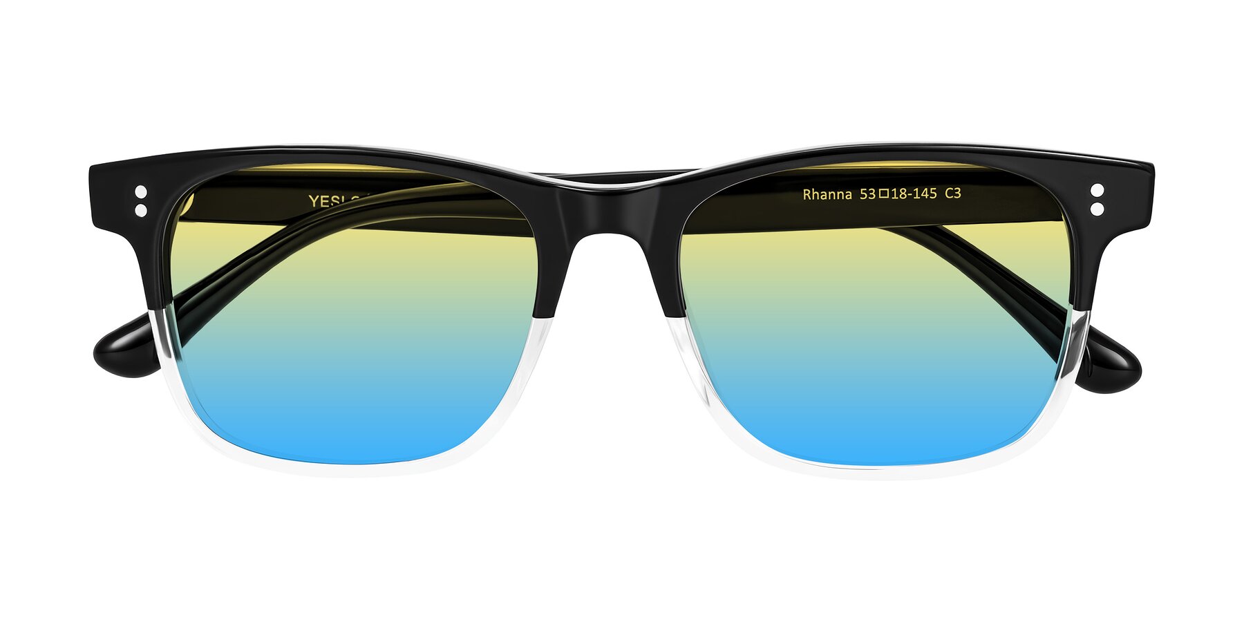 Folded Front of Rhanna in Black/Clear with Yellow / Blue Gradient Lenses