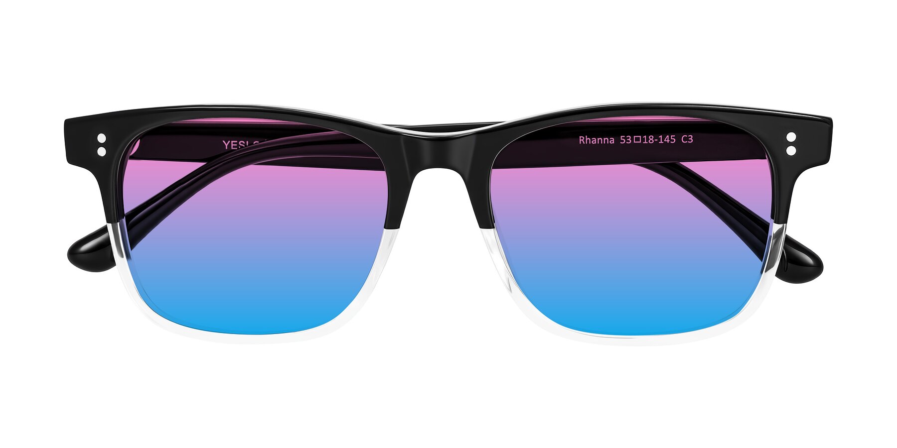 Folded Front of Rhanna in Black/Clear with Pink / Blue Gradient Lenses