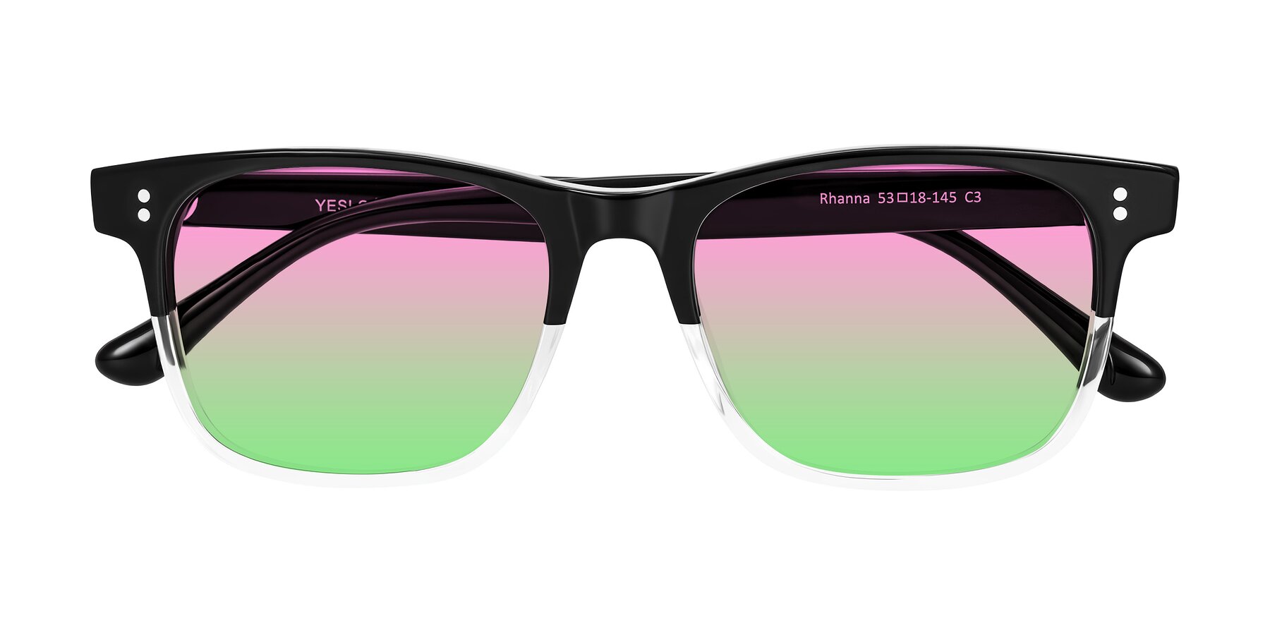 Folded Front of Rhanna in Black/Clear with Pink / Green Gradient Lenses