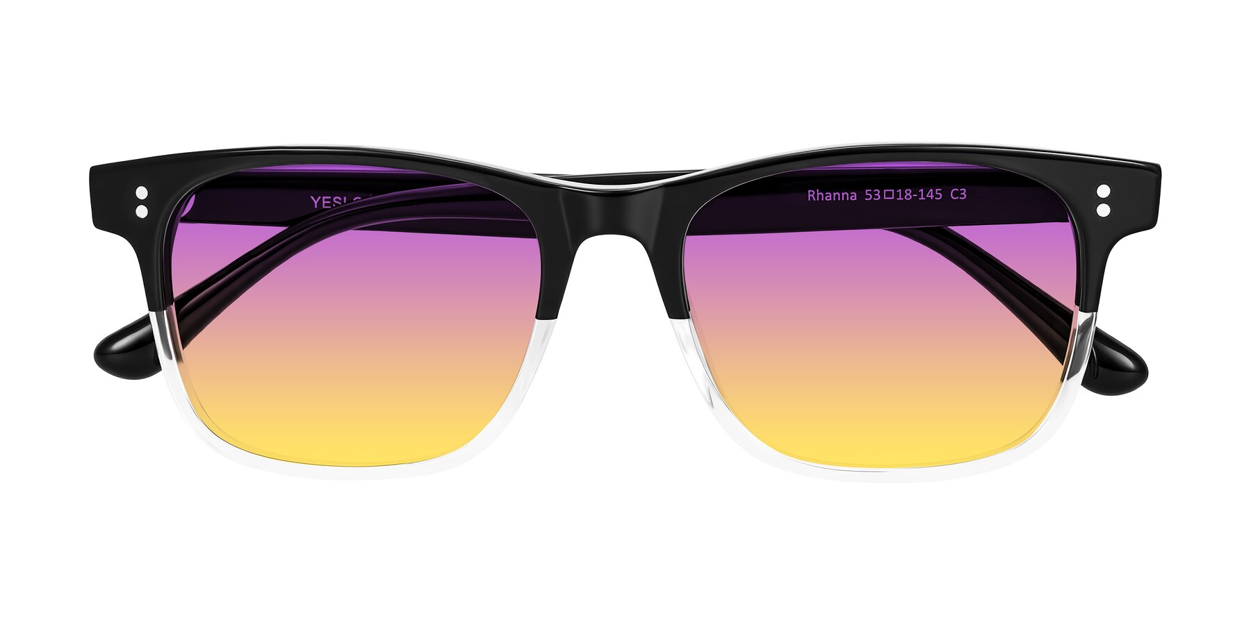 Folded Front of Rhanna in Black/Clear with Purple / Yellow Gradient Lenses