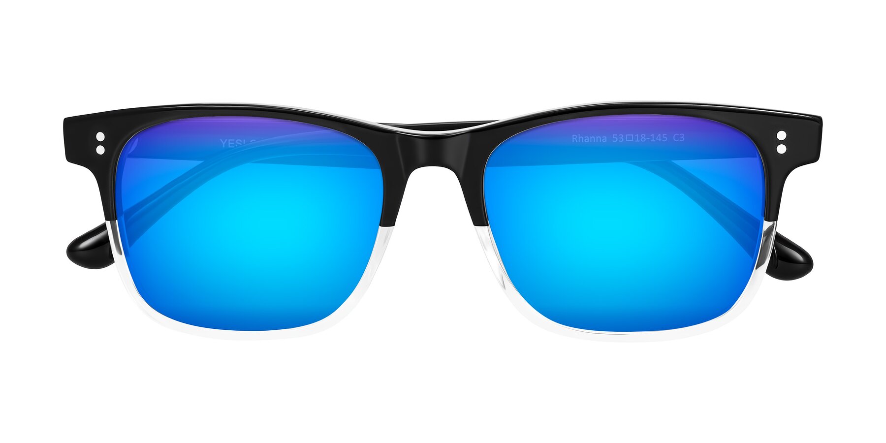 Folded Front of Rhanna in Black/Clear with Blue Mirrored Lenses