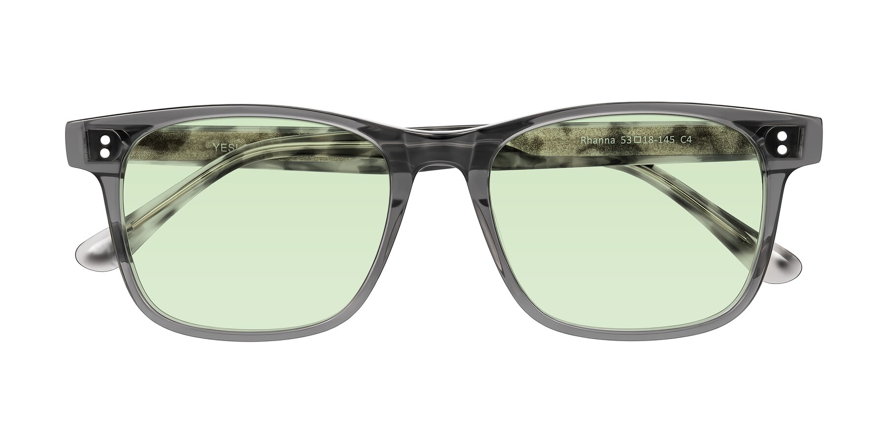 Folded Front of Rhanna in Gray/Tortoise with Light Green Tinted Lenses