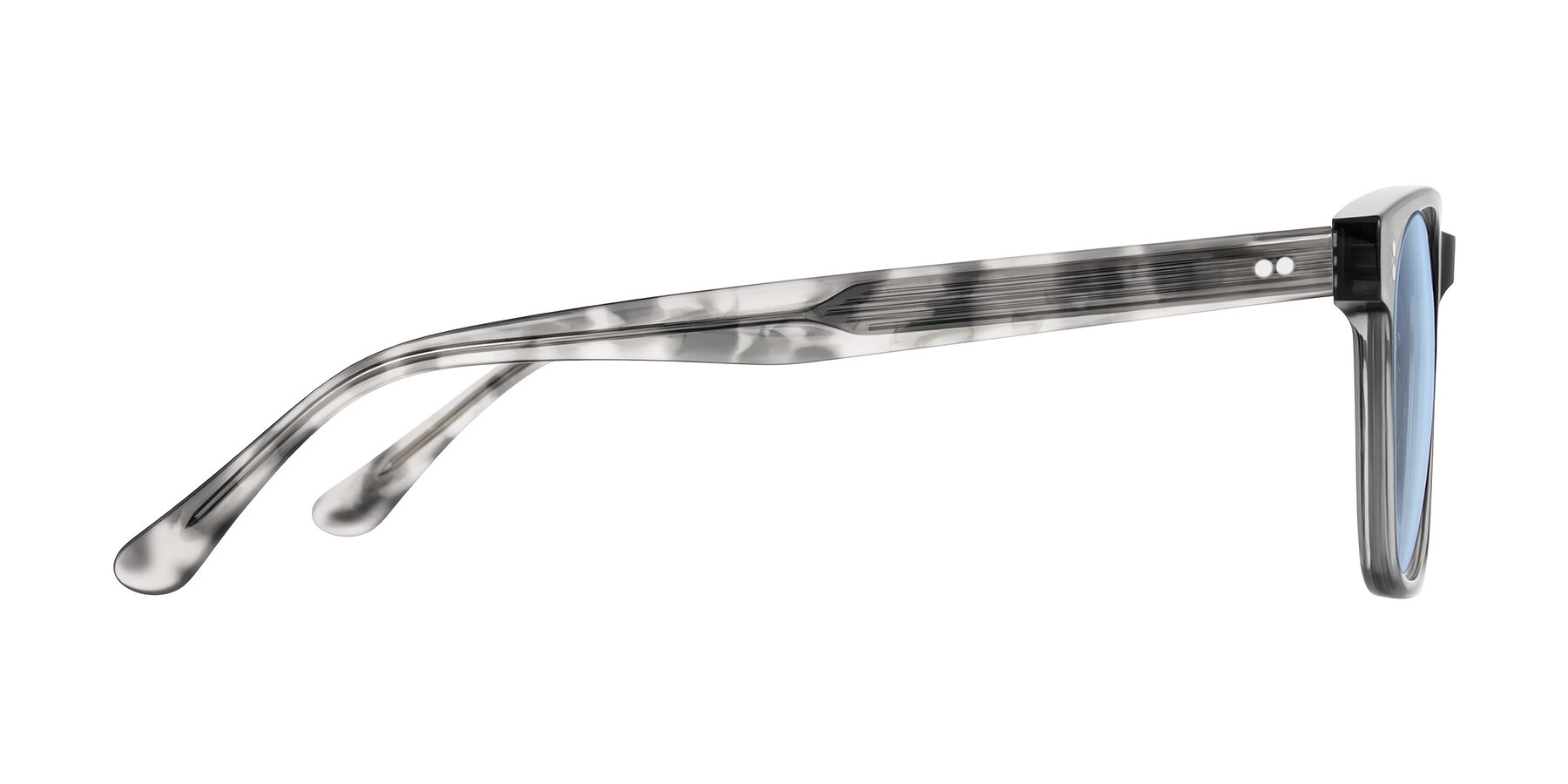 Side of Rhanna in Gray/Tortoise with Light Blue Tinted Lenses