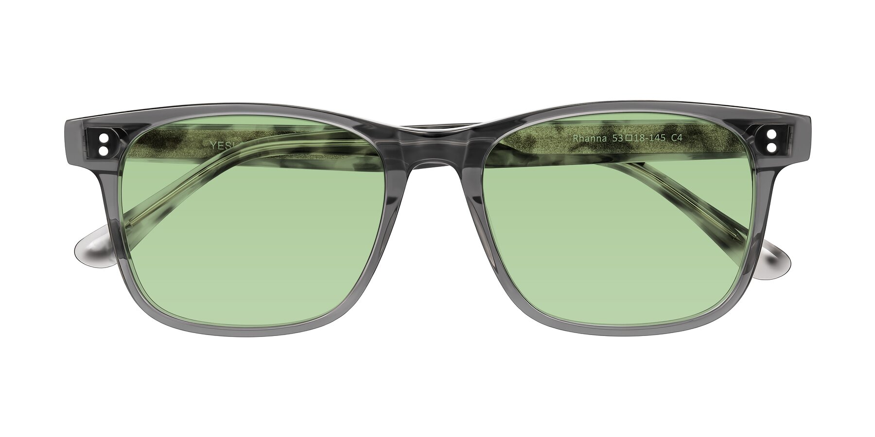 Folded Front of Rhanna in Gray/Tortoise with Medium Green Tinted Lenses