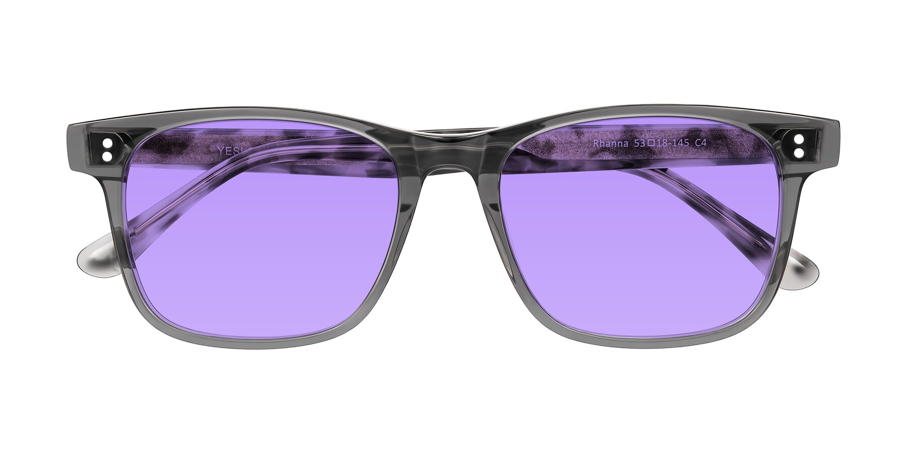 Folded Front of Rhanna in Gray/Tortoise with Medium Purple Tinted Lenses
