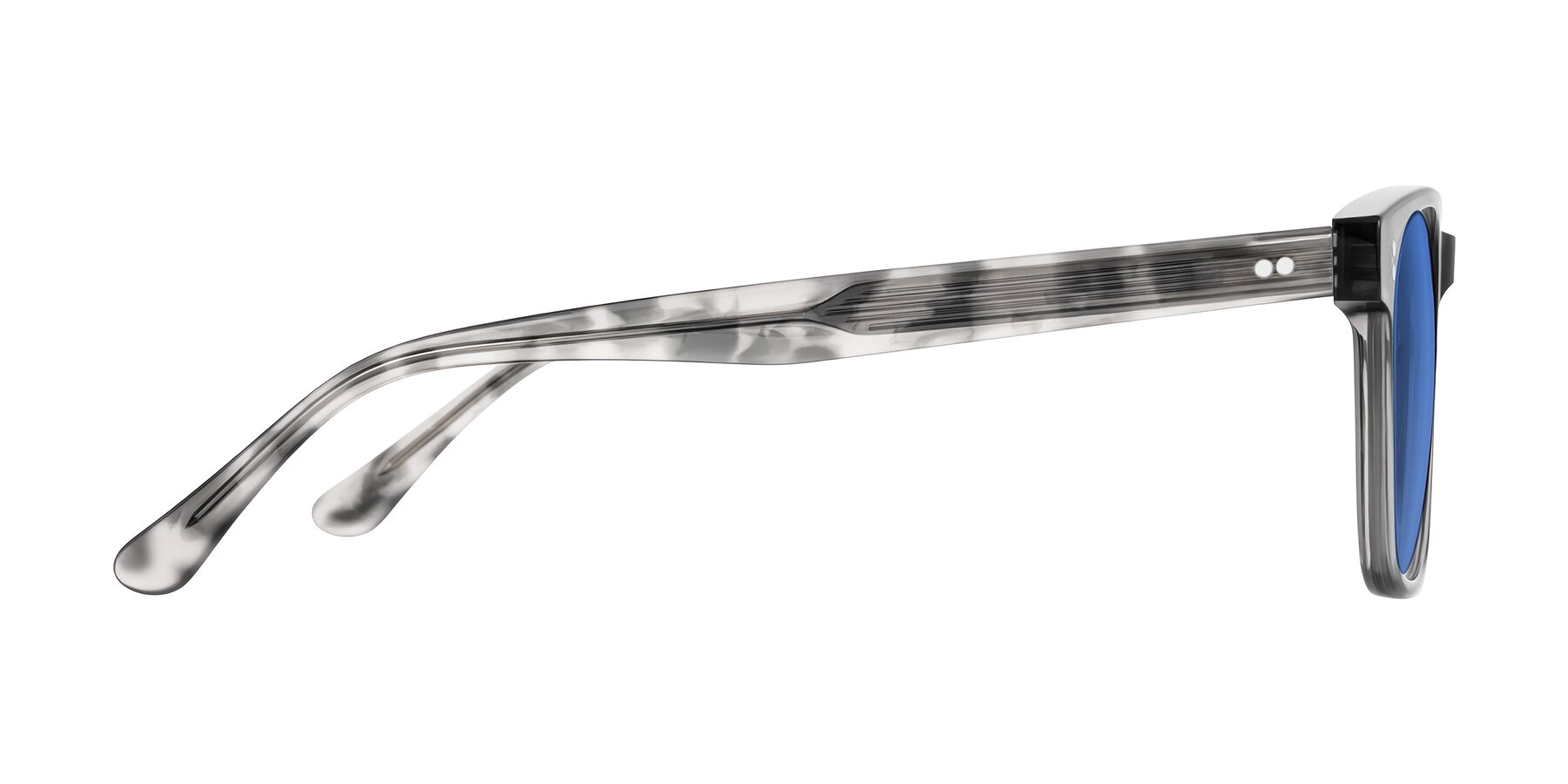 Side of Rhanna in Gray/Tortoise with Blue Tinted Lenses