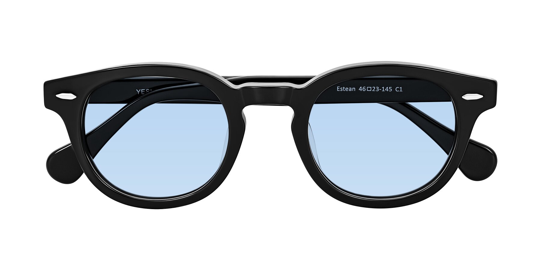 Folded Front of Estean in Black with Light Blue Tinted Lenses