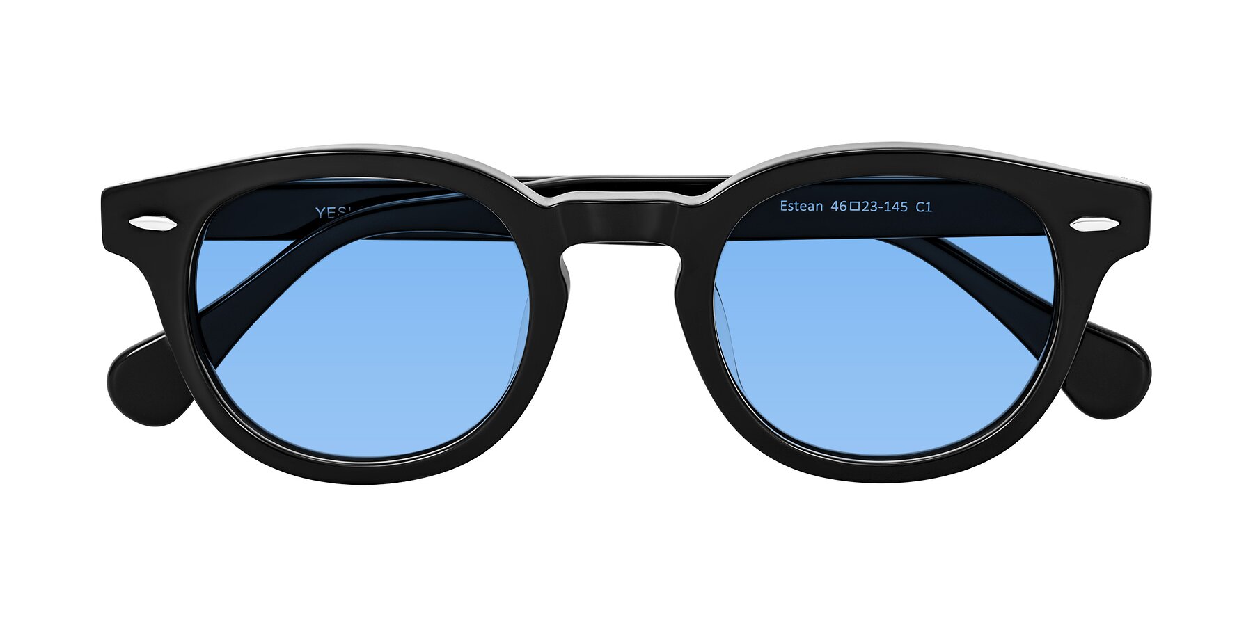 Folded Front of Estean in Black with Medium Blue Tinted Lenses