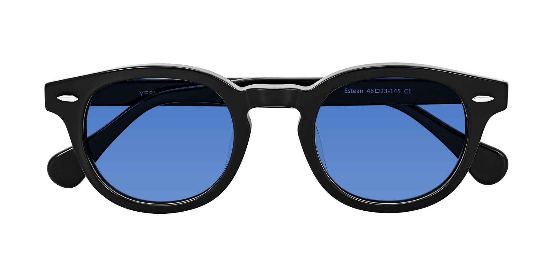 Folded Front of Estean in Black with Blue Tinted Lenses