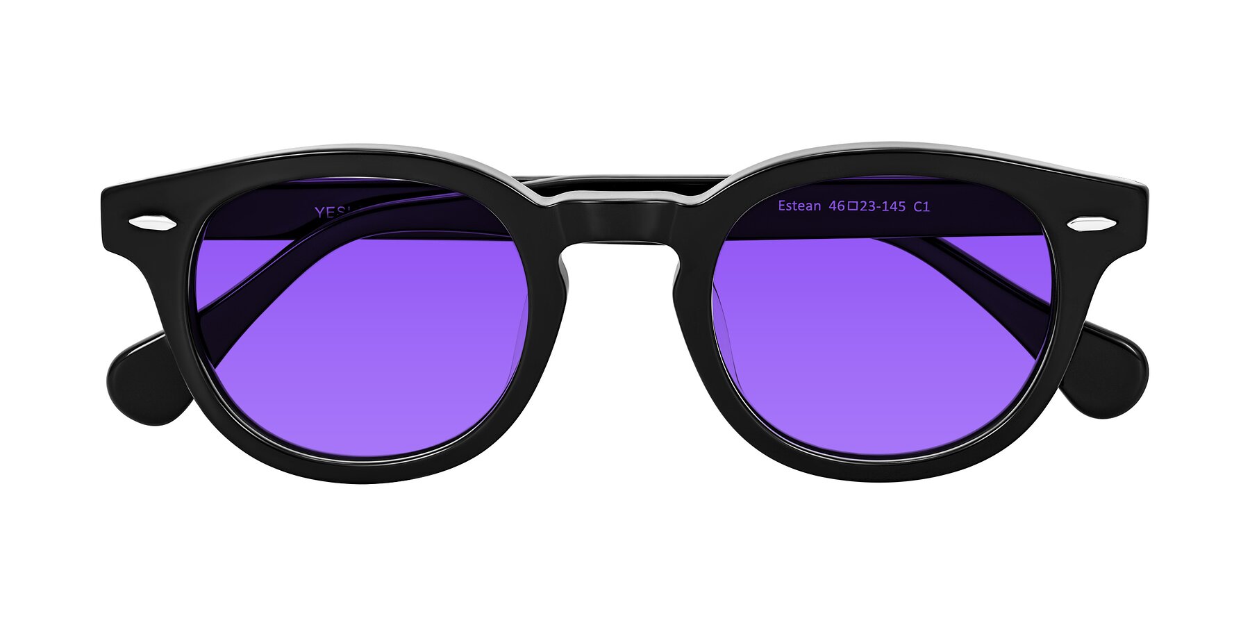 Folded Front of Estean in Black with Purple Tinted Lenses