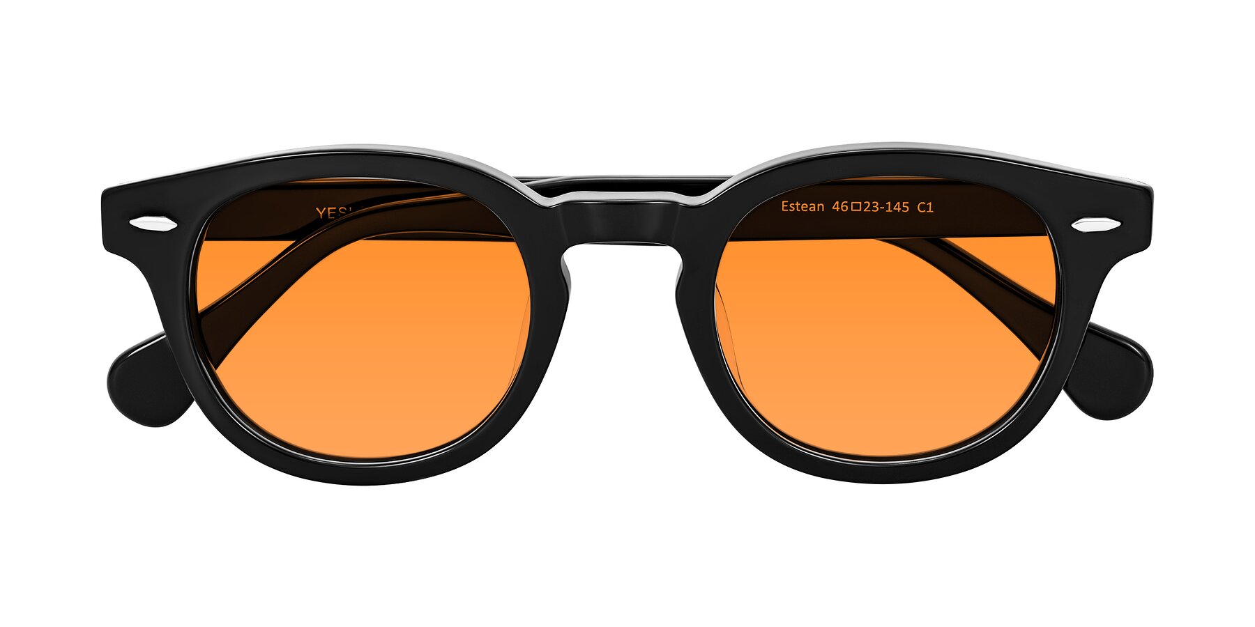 Folded Front of Estean in Black with Orange Tinted Lenses