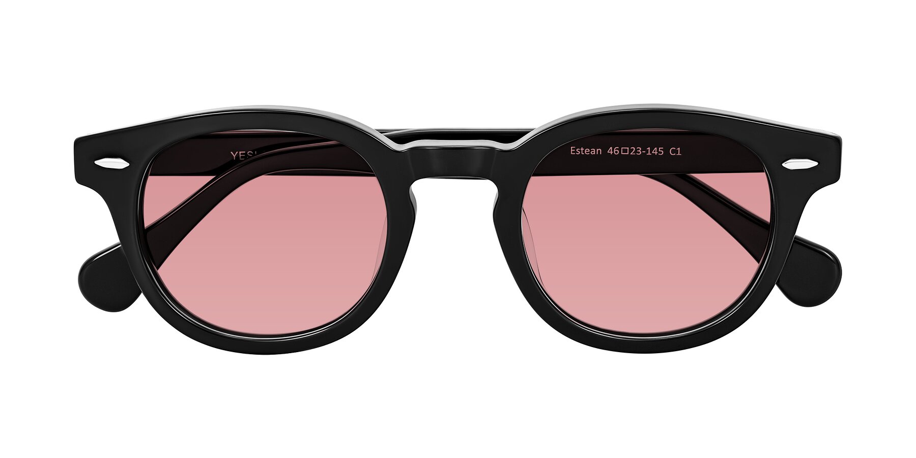 Folded Front of Estean in Black with Medium Garnet Tinted Lenses