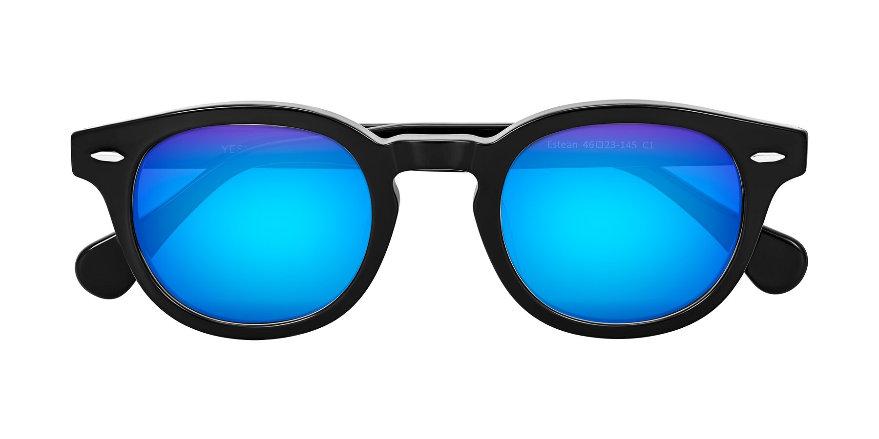 Folded Front of Estean in Black with Blue Mirrored Lenses