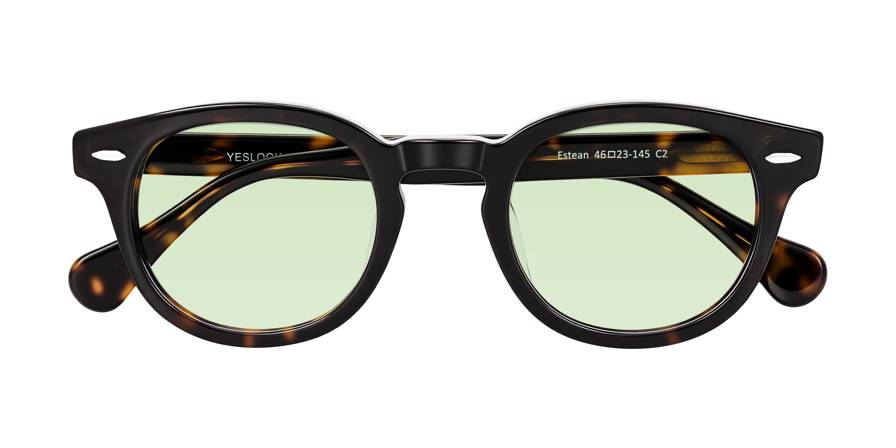 Folded Front of Estean in Dark Tortoise with Light Green Tinted Lenses
