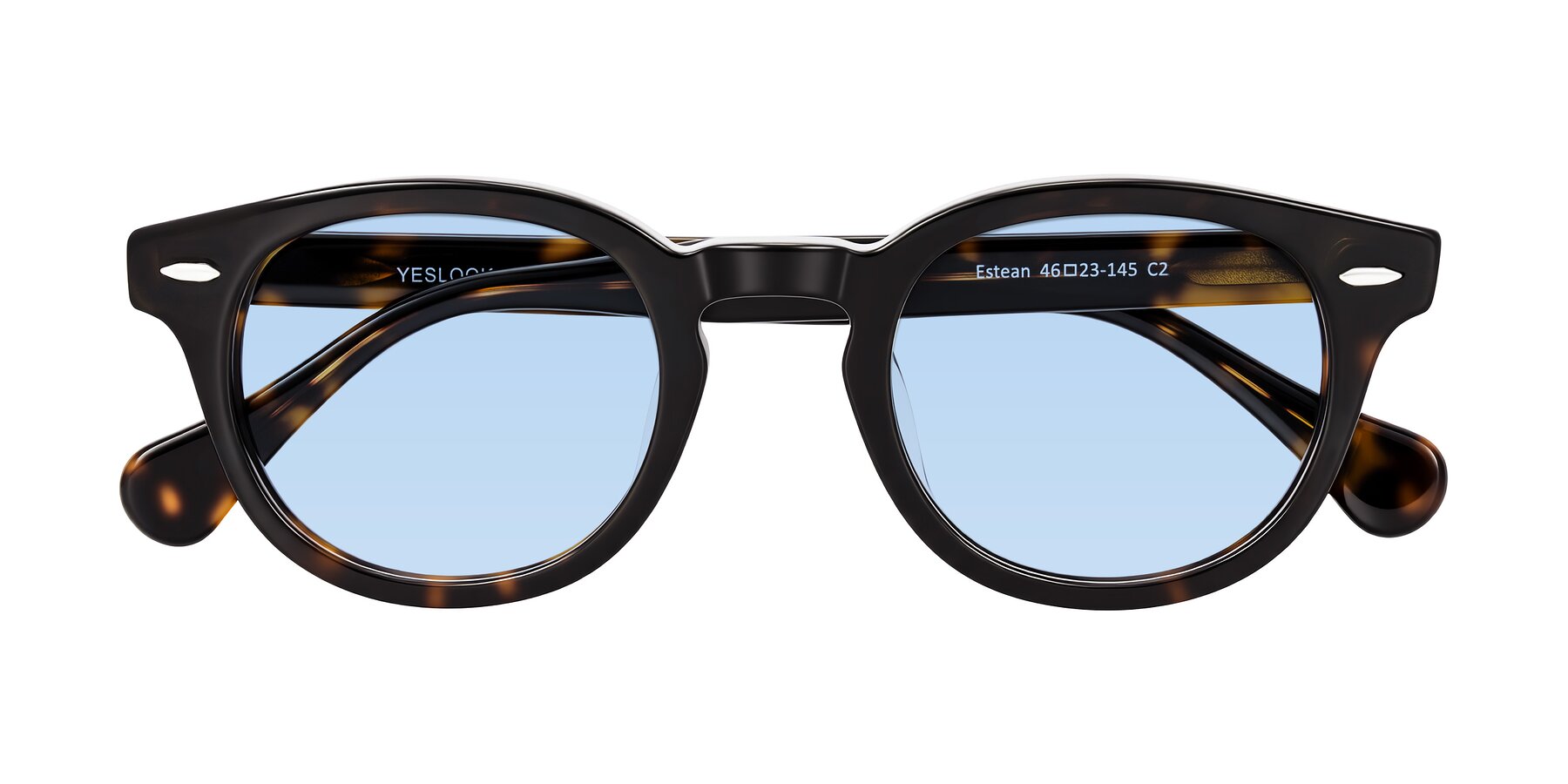 Folded Front of Estean in Dark Tortoise with Light Blue Tinted Lenses